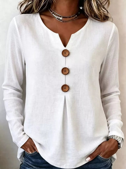 Full Size Long Sleeve Blouse with Decorative Wooden Buttons Plus Size