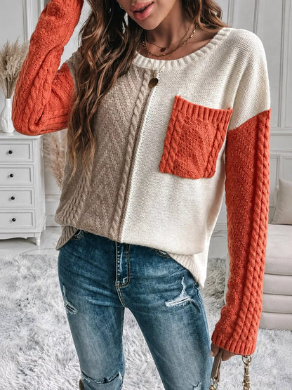 Color Block Cable Knit Sweater