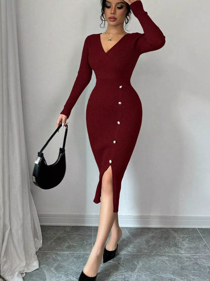 Decorative Button Ribbed Knit Sweater Dress