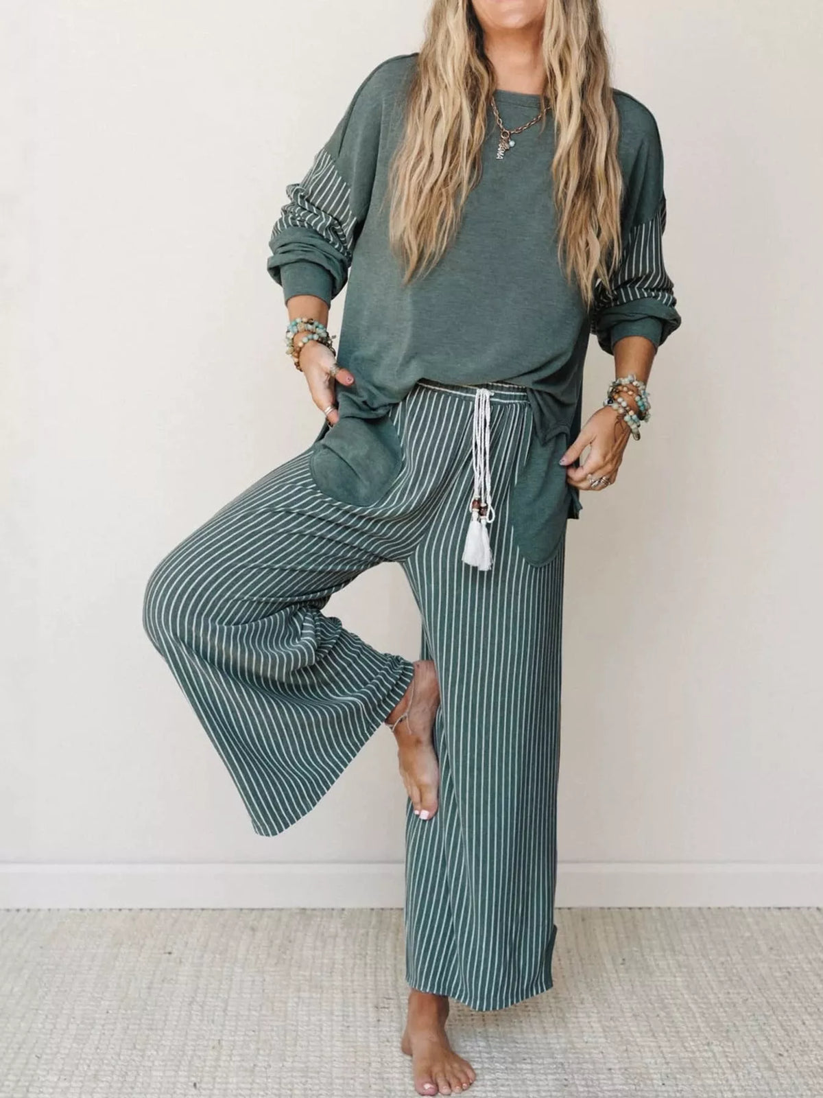 Striped Boat Neck Top and Wide-Leg Pants Set