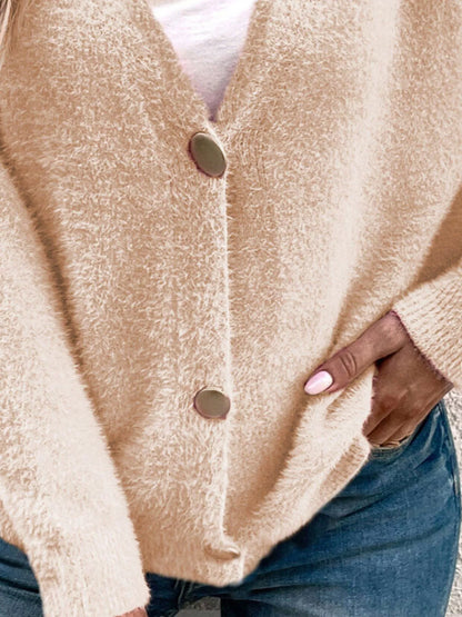 Soft Fuzzy V-Neck Button-Down Cardigan