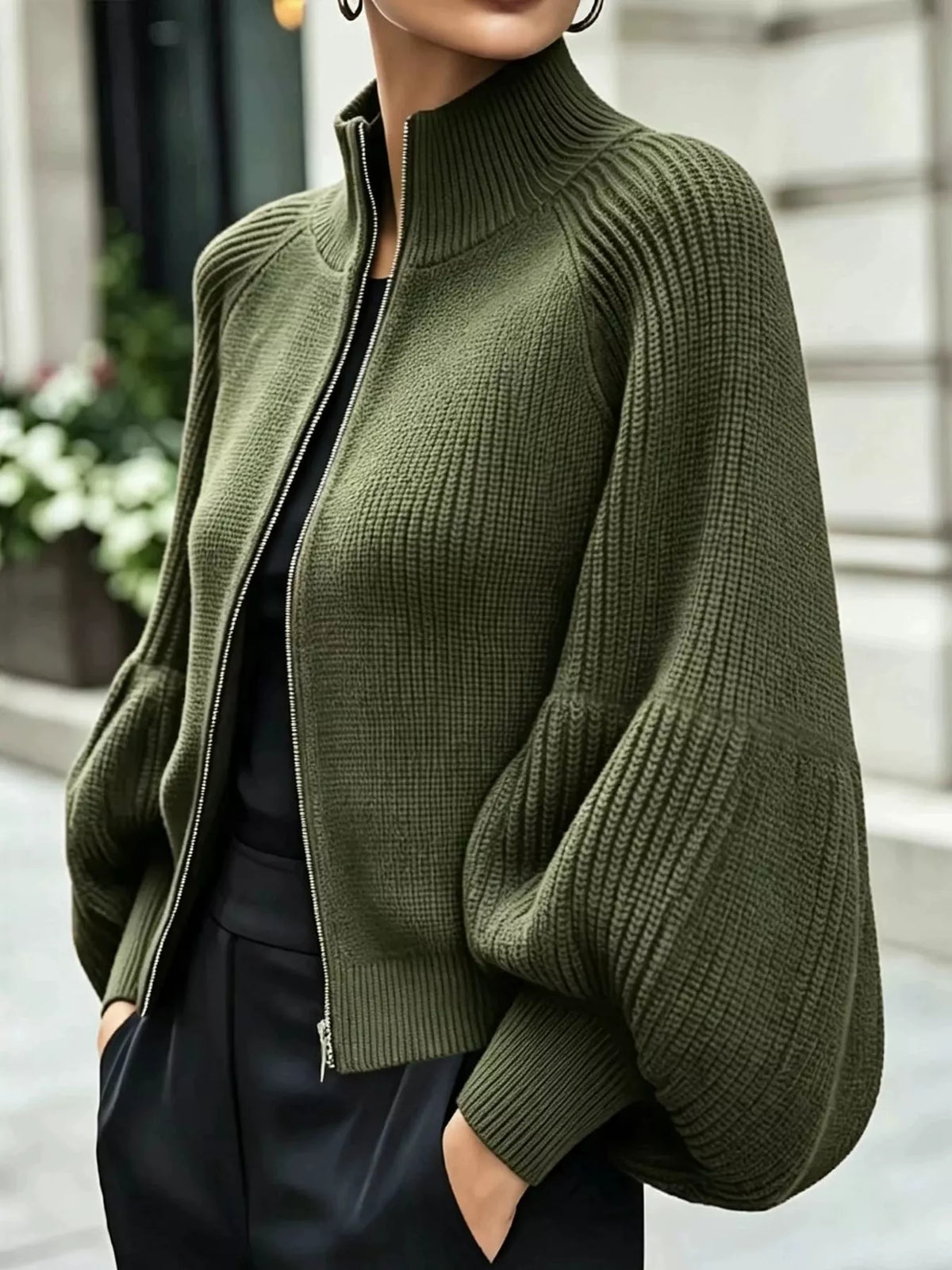 Full Size Elegant Ribbed Knit Zip-Up Cardigan with Lantern Sleeves Plus Size