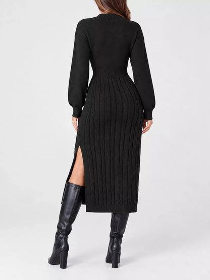Full Size Mock Neck Cable Knit Sweater Dress with Front Slit Plus Size