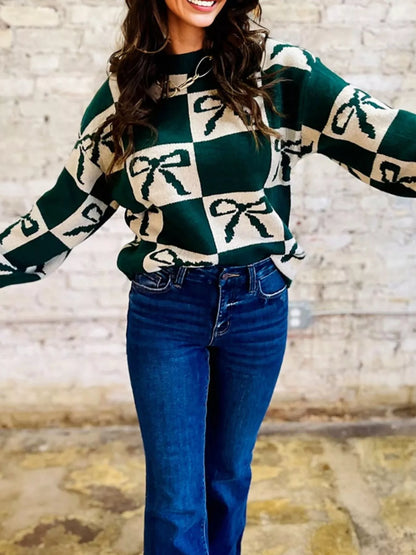 Checkered Bow Round Neck Casual Sweater