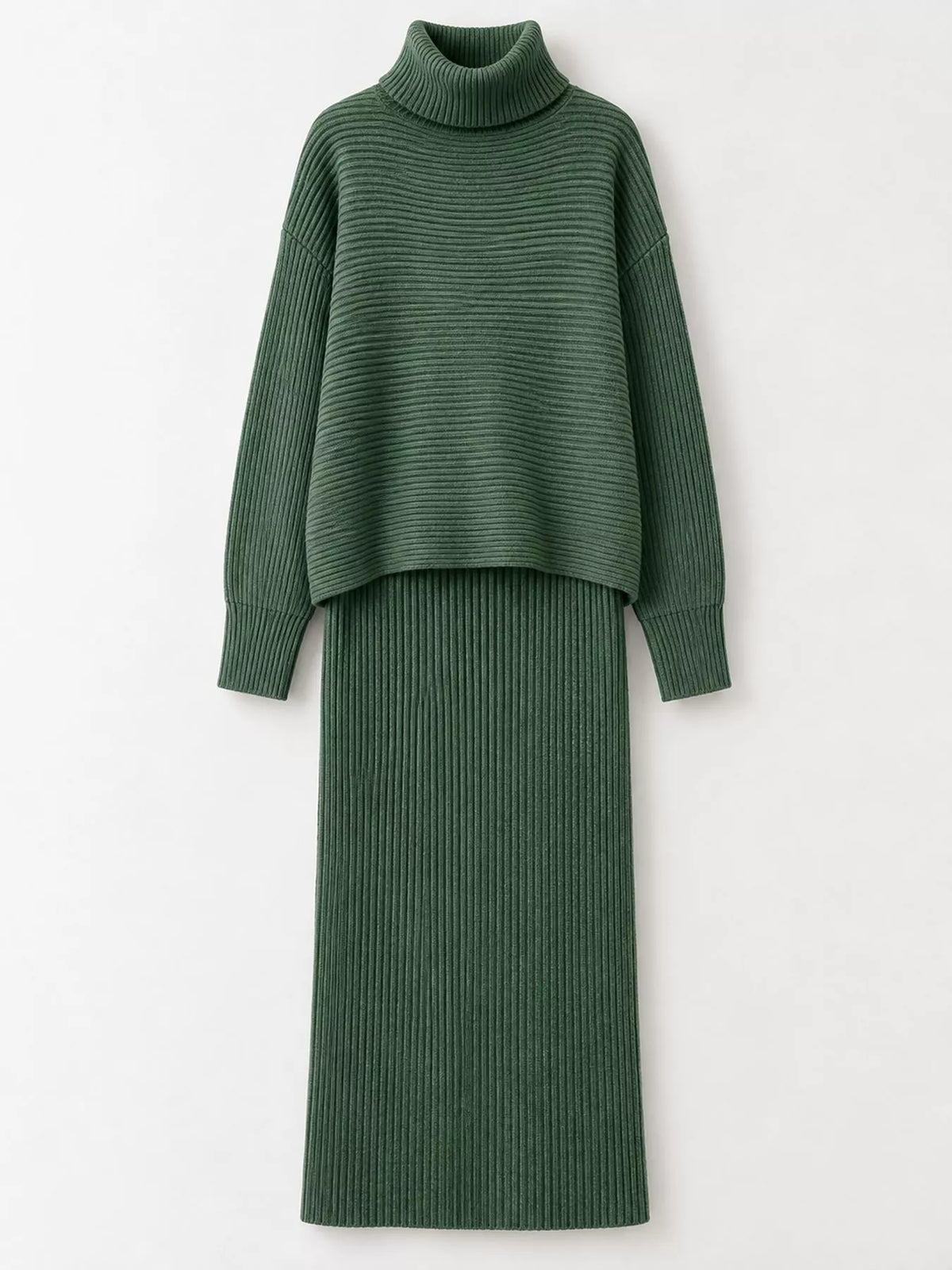 Ribbed Turtleneck Sweater Set with Matching Midi Skirt