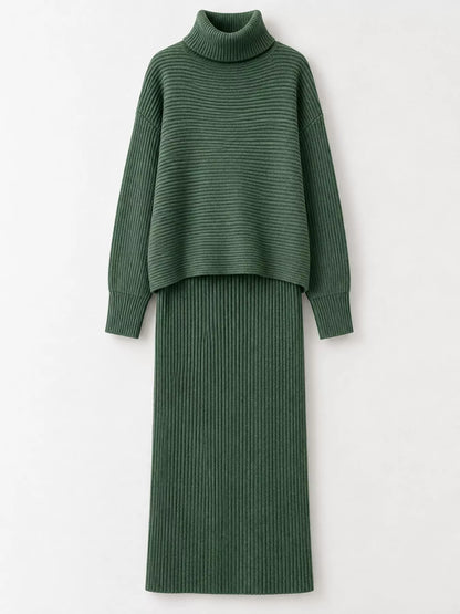 Ribbed Turtleneck Sweater Set with Matching Midi Skirt