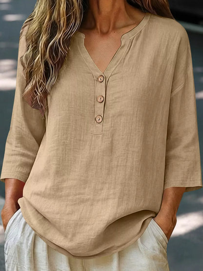 Full Size Button Detail Notched 3/4 Sleeve Blouse Plus Size