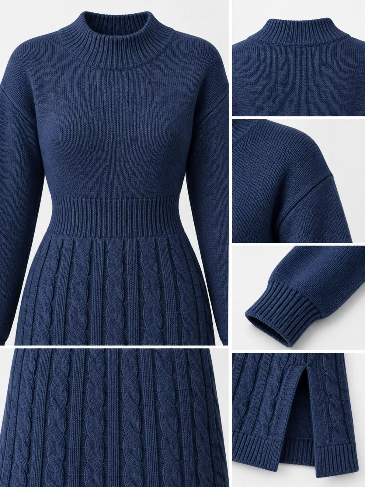 Full Size Mock Neck Cable Knit Sweater Dress with Front Slit Plus Size