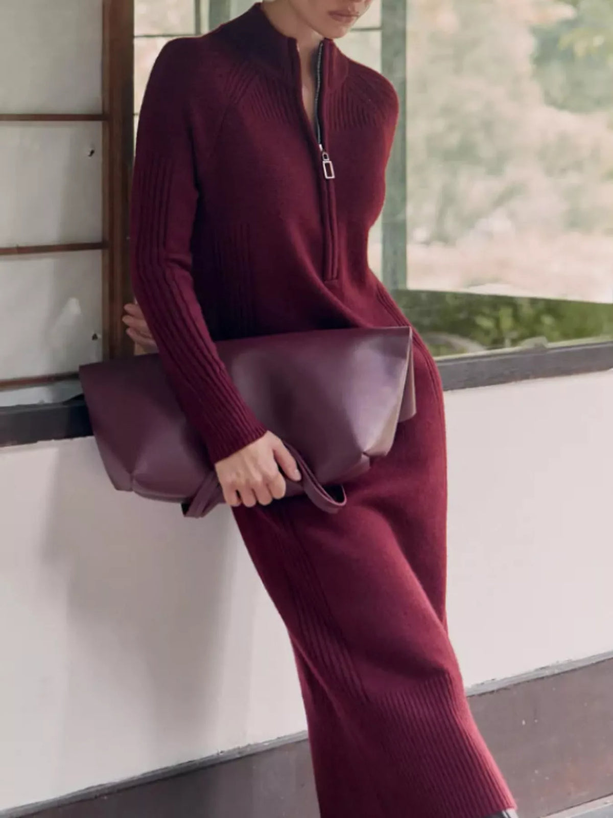 Half-Zip Ribbed Knit Sweater Dress