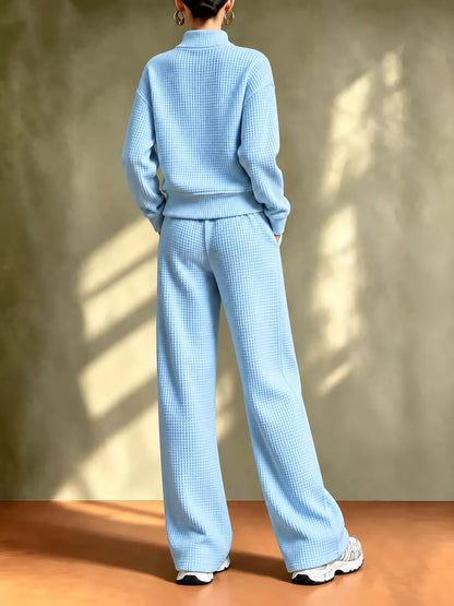 Waffle Knit Button-Up Outerwear and Wide-Leg Pants Set
