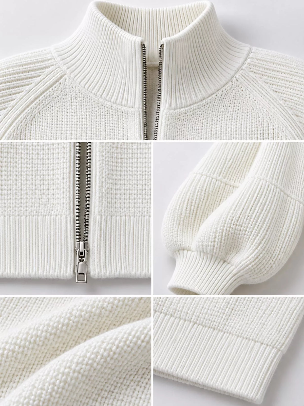 Full Size Elegant Ribbed Knit Zip-Up Cardigan with Lantern Sleeves Plus Size