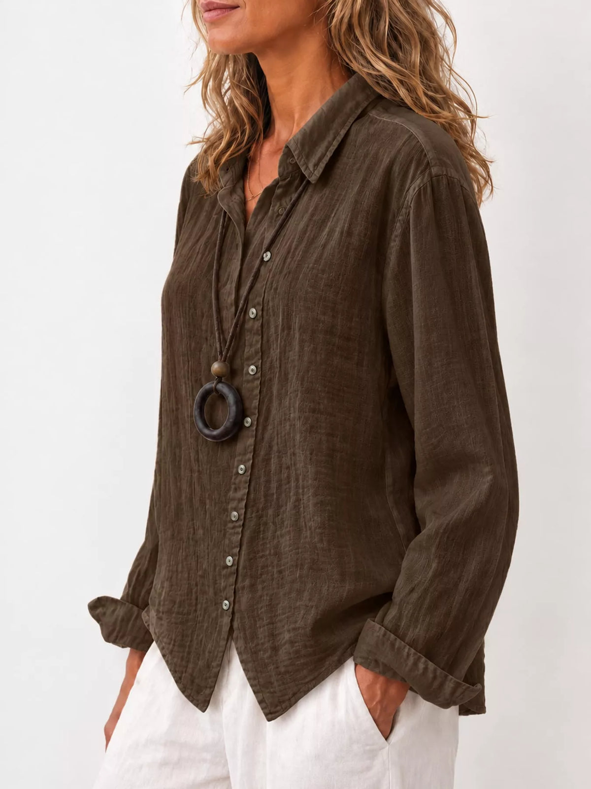 Full Size Asymmetric Button-Down Long Sleeve Shirt Plus Size