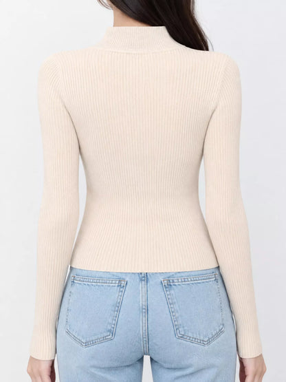 Elegant Slim-Fit Ribbed Mock Neck Knit Top
