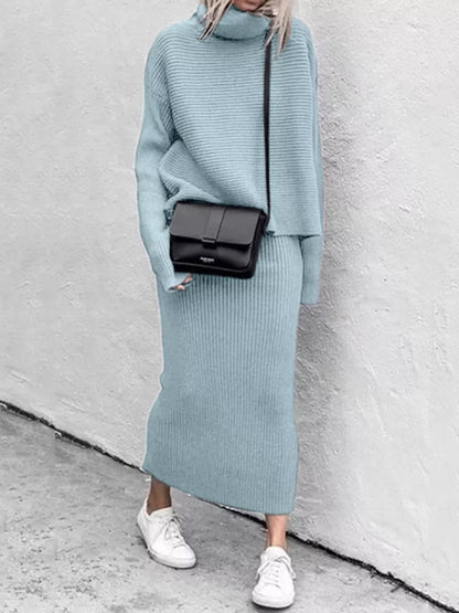 Ribbed Turtleneck Sweater Set with Matching Midi Skirt