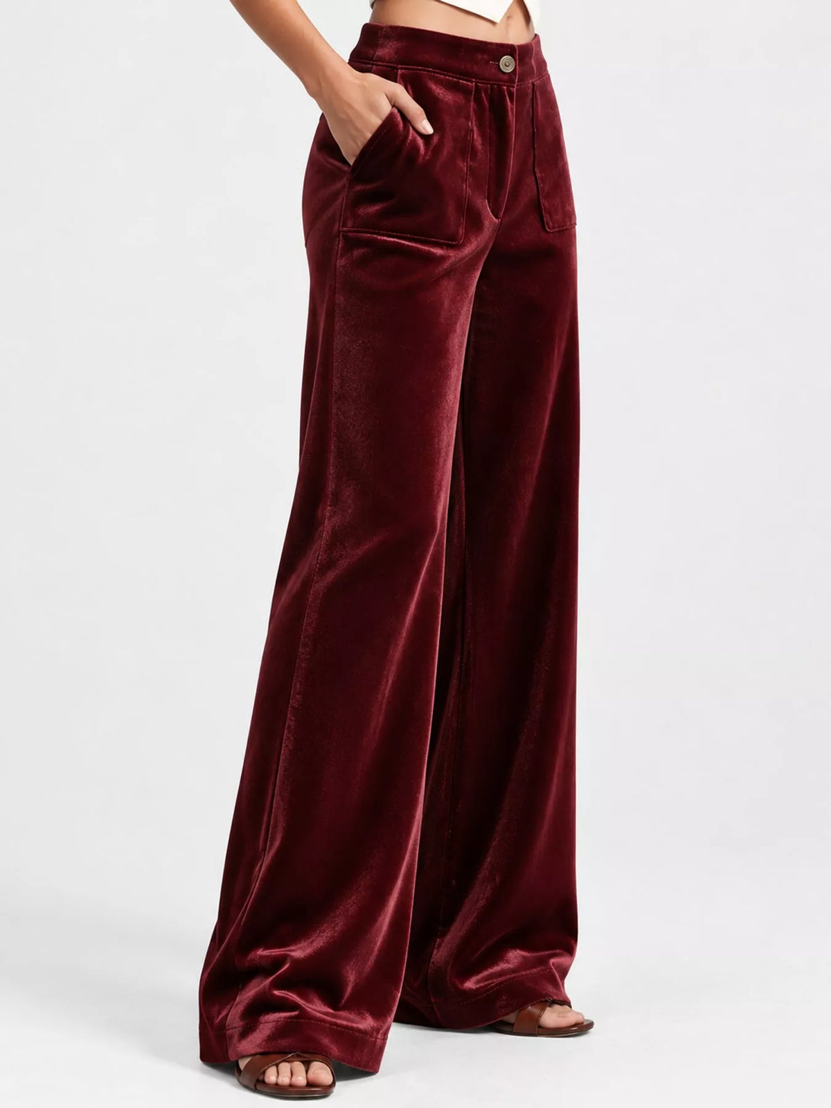 Full Size High-Waisted Wide-Leg Velvet Pants with Pockets Plus Size