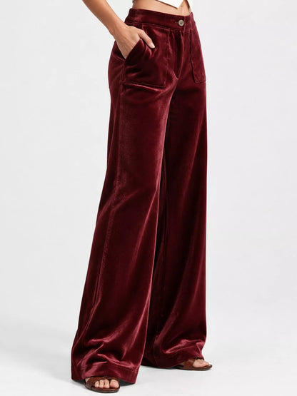 Full Size High-Waisted Wide-Leg Velvet Pants with Pockets Plus Size