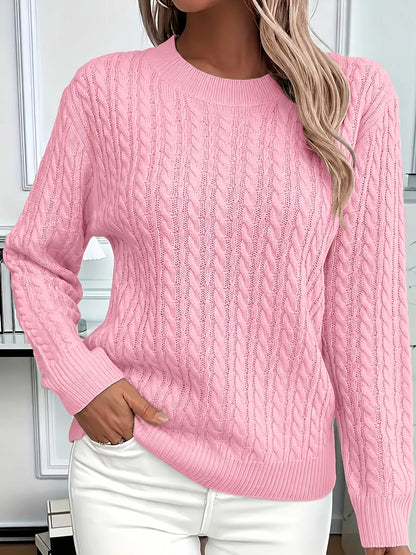 Full Size Cable Knit Round Neck Sweater Plus Size