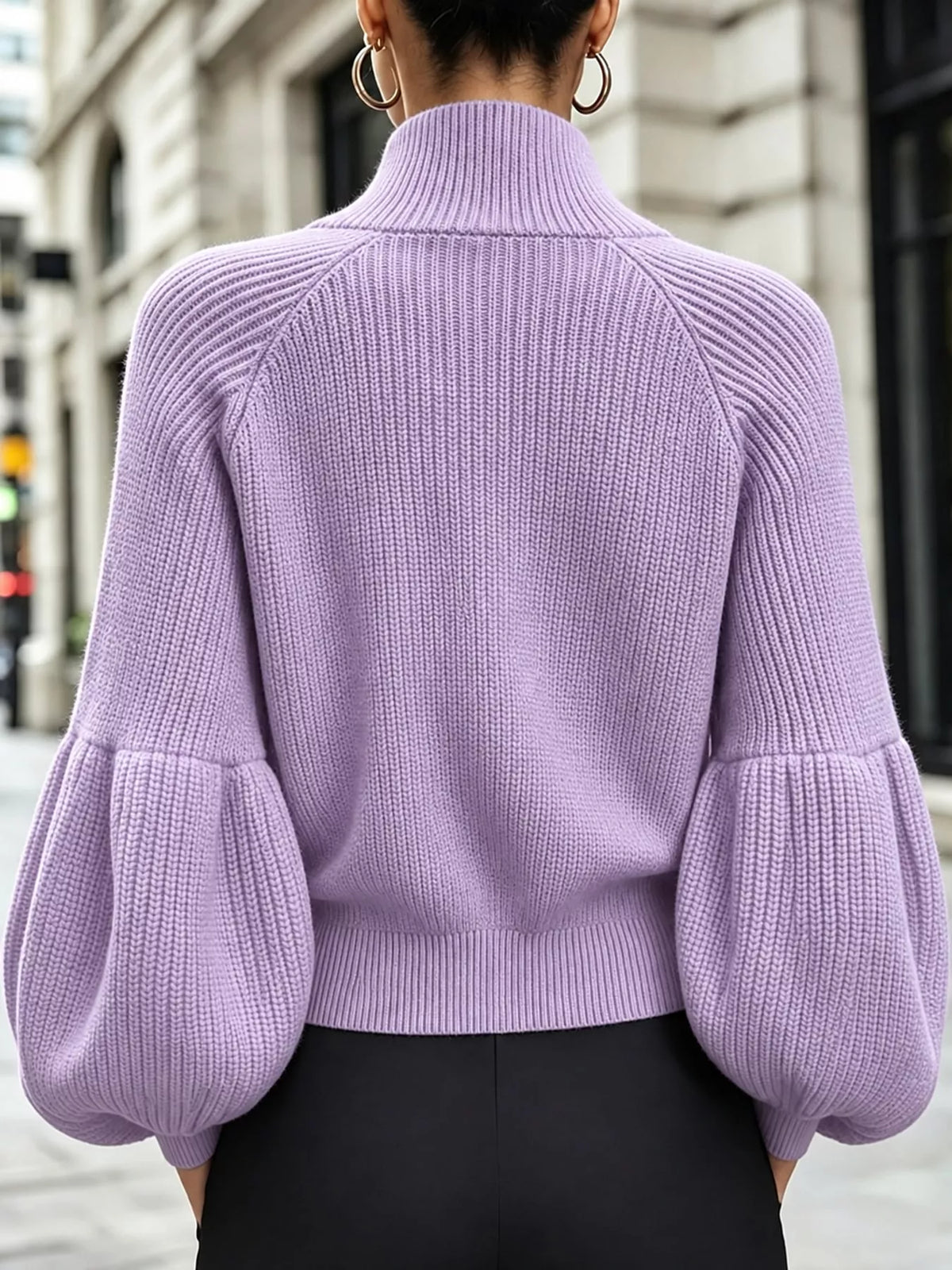 Full Size Elegant Ribbed Knit Zip-Up Cardigan with Lantern Sleeves Plus Size
