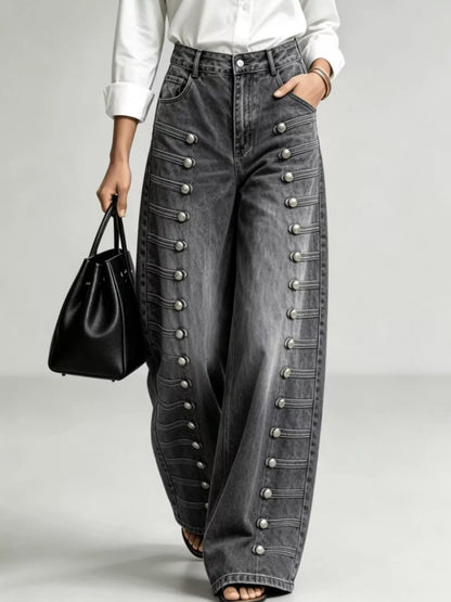 Decorative Button Wide-Leg Jeans