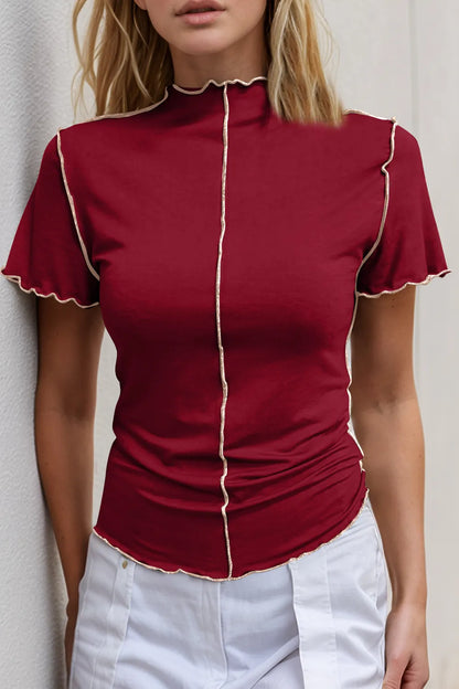 Basic Bae Mock Neck Wave Edge Contrast Stitching Ruffle Short Sleeve Slim Fit Casual Top