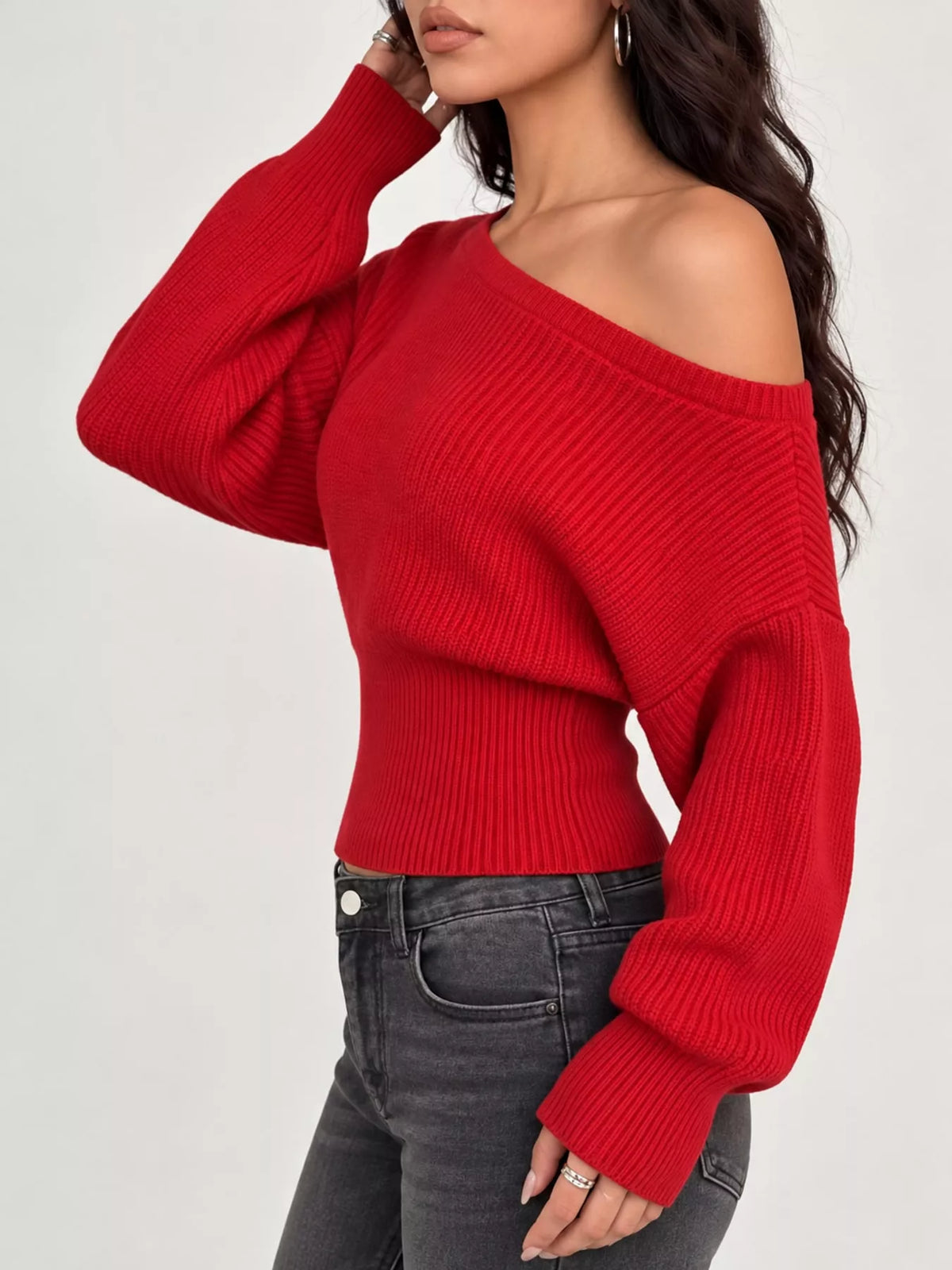 One Shoulder Ribbed Knit Sweater