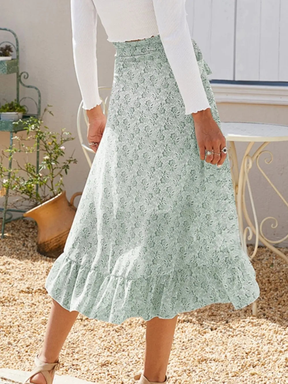 Printed Ruffled Midi Skirt