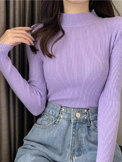 Elegant Slim-Fit Ribbed Mock Neck Knit Top