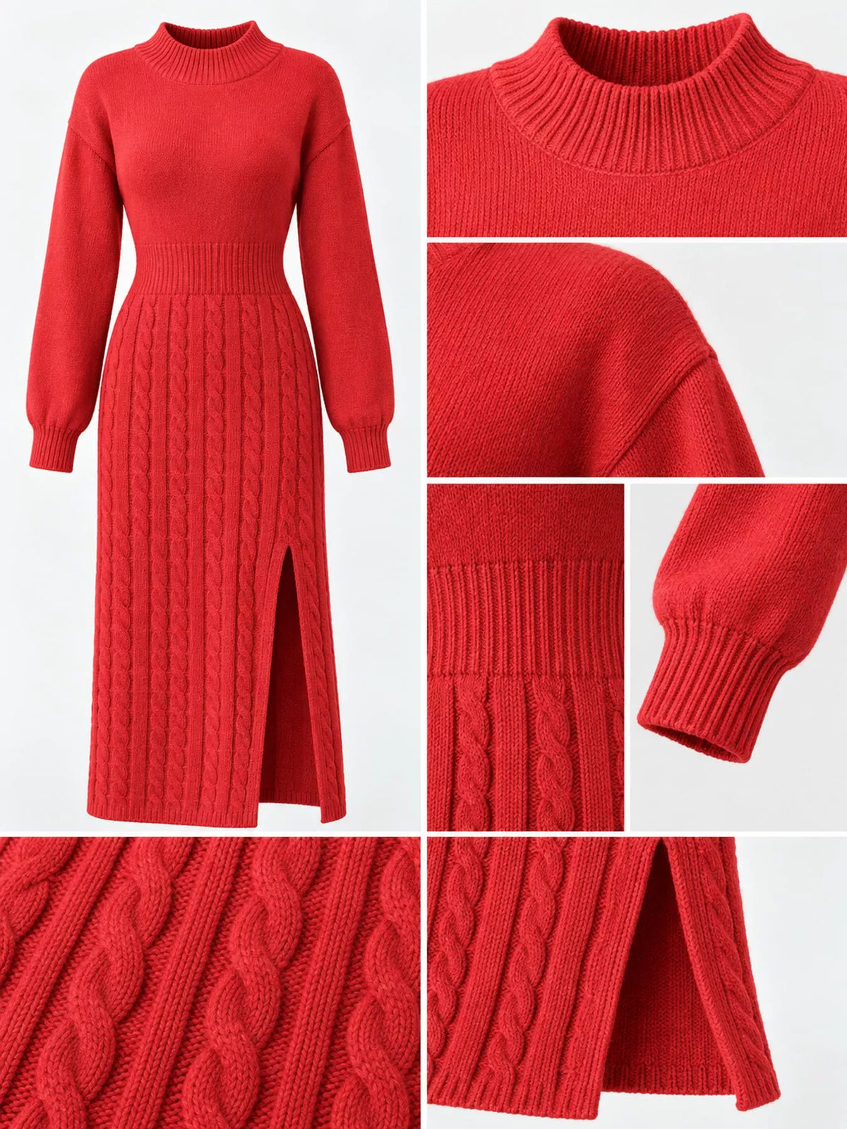 Full Size Mock Neck Cable Knit Sweater Dress with Front Slit Plus Size