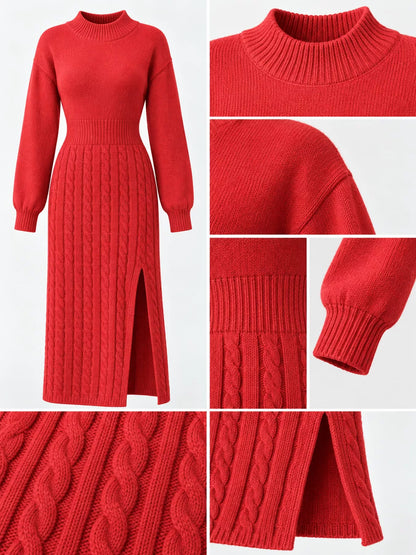 Full Size Mock Neck Cable Knit Sweater Dress with Front Slit Plus Size