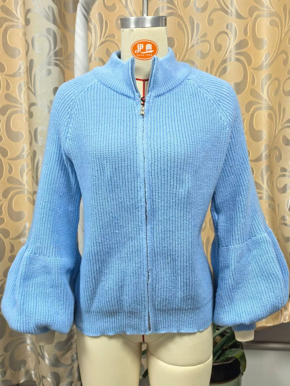 Full Size Elegant Ribbed Knit Zip-Up Cardigan with Lantern Sleeves Plus Size