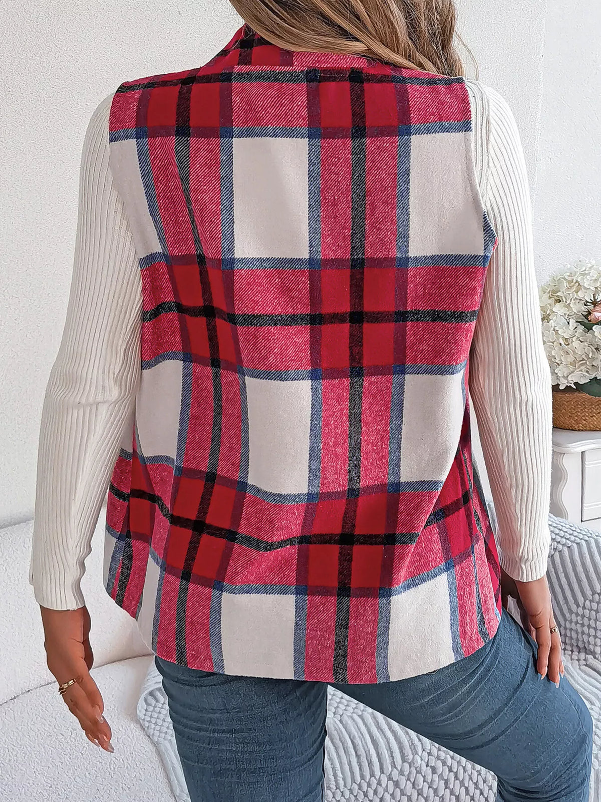 Plaid Open Front Vest