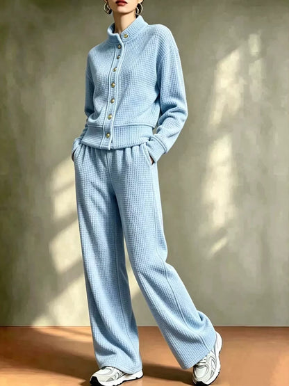 Waffle Knit Button-Up Outerwear and Wide-Leg Pants Set