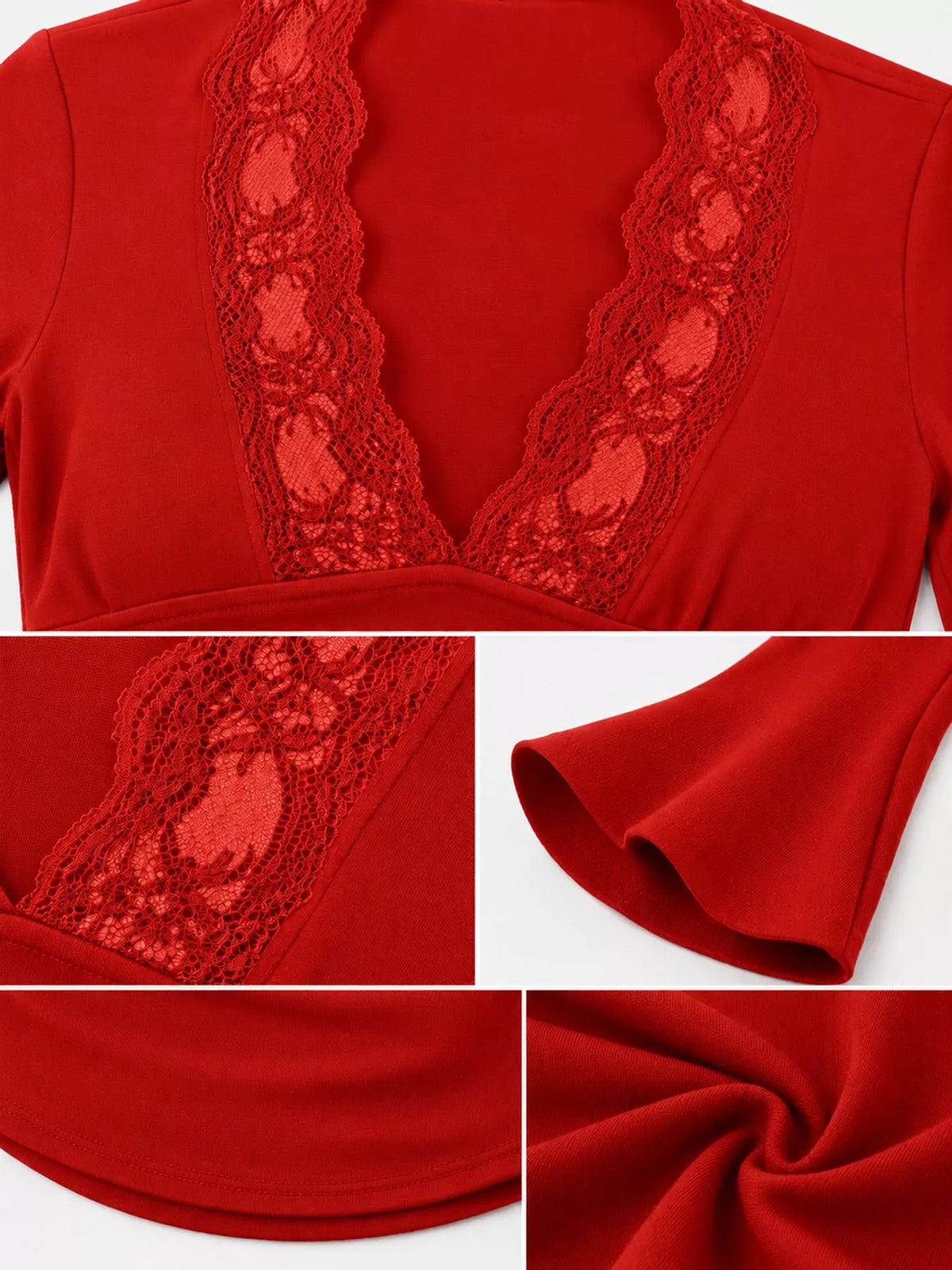 Lace Trim V-Neck Long Sleeve Slim Fit T-Shirt