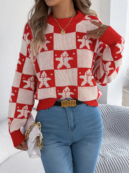 Christmas Checkerboard Gingerbread Round Neck Sweater