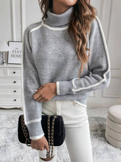 Full Size Contrast Trim Ribbed Hem Turtleneck Sweater Plus Size