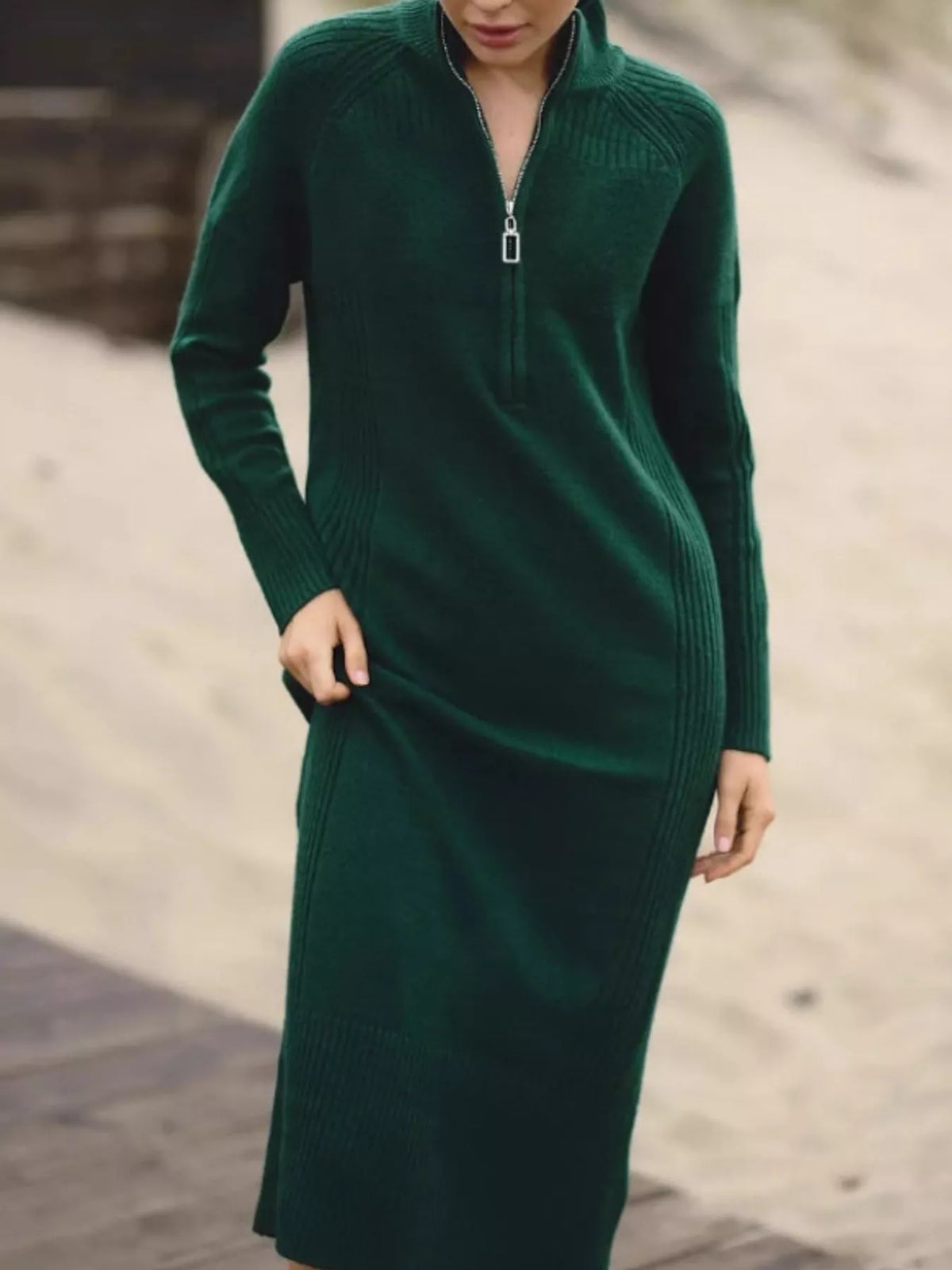 Half-Zip Ribbed Knit Sweater Dress