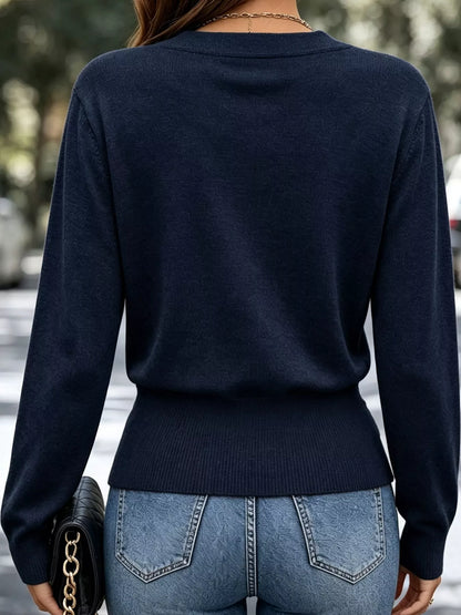 Surplice Elastic Waist Long Sleeve Knit Top