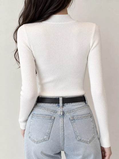 Elegant Slim-Fit Ribbed Mock Neck Knit Top