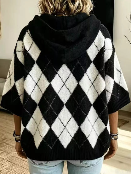 Full Size Argyle Pattern Hooded Sweater Plus Size