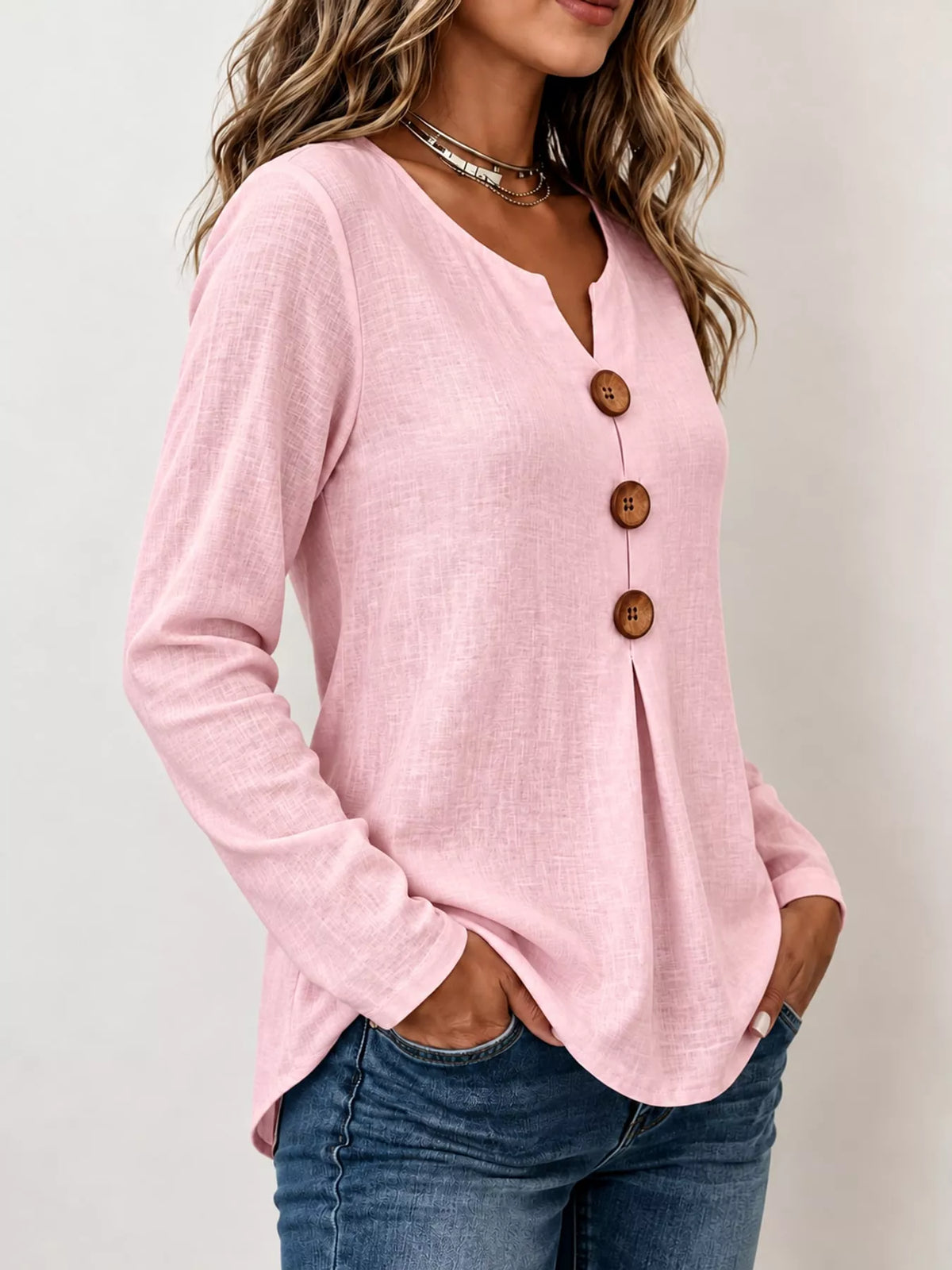 Full Size Long Sleeve Blouse with Decorative Wooden Buttons Plus Size