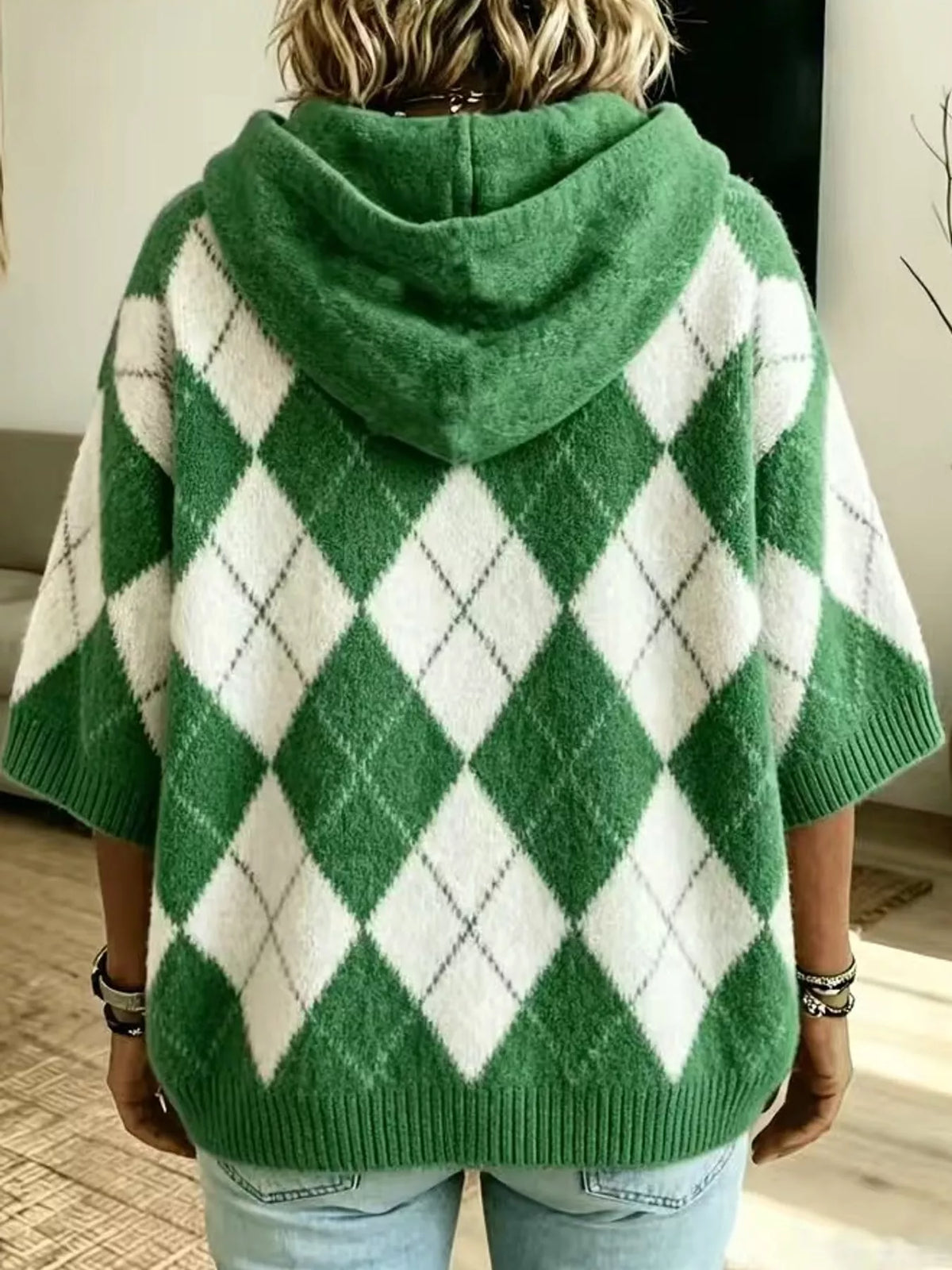 Full Size Argyle Pattern Hooded Sweater Plus Size