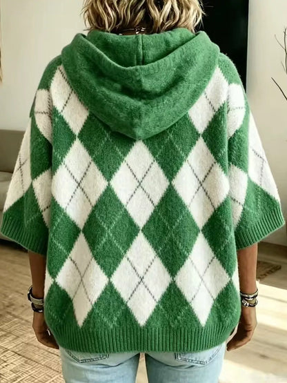 Full Size Argyle Pattern Hooded Sweater Plus Size