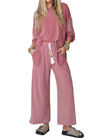 Striped Boat Neck Top and Wide-Leg Pants Set