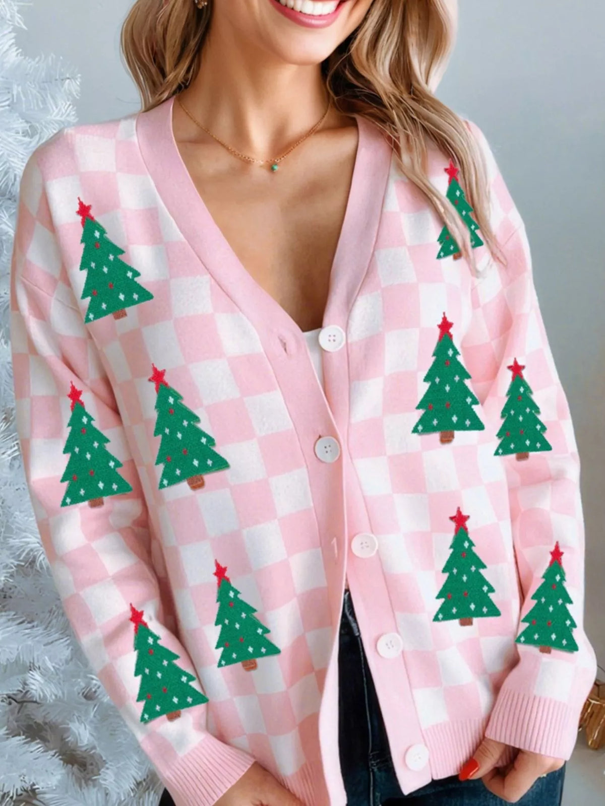 Christmas Tree Pattern Checkered Button V Neck Cardigan