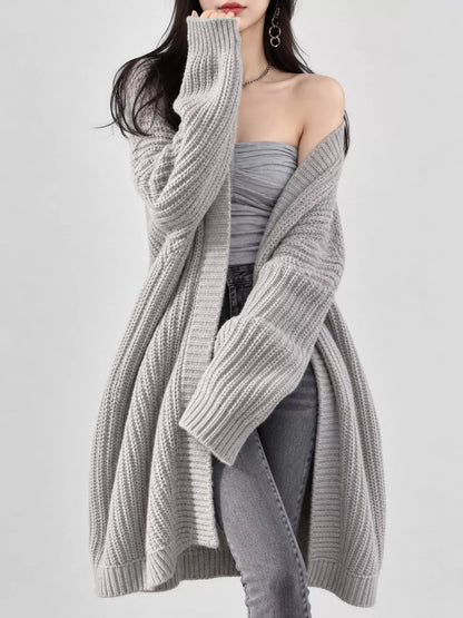 Full Size Chunky Knit Openwork Front Longline Cardigan Plus Size