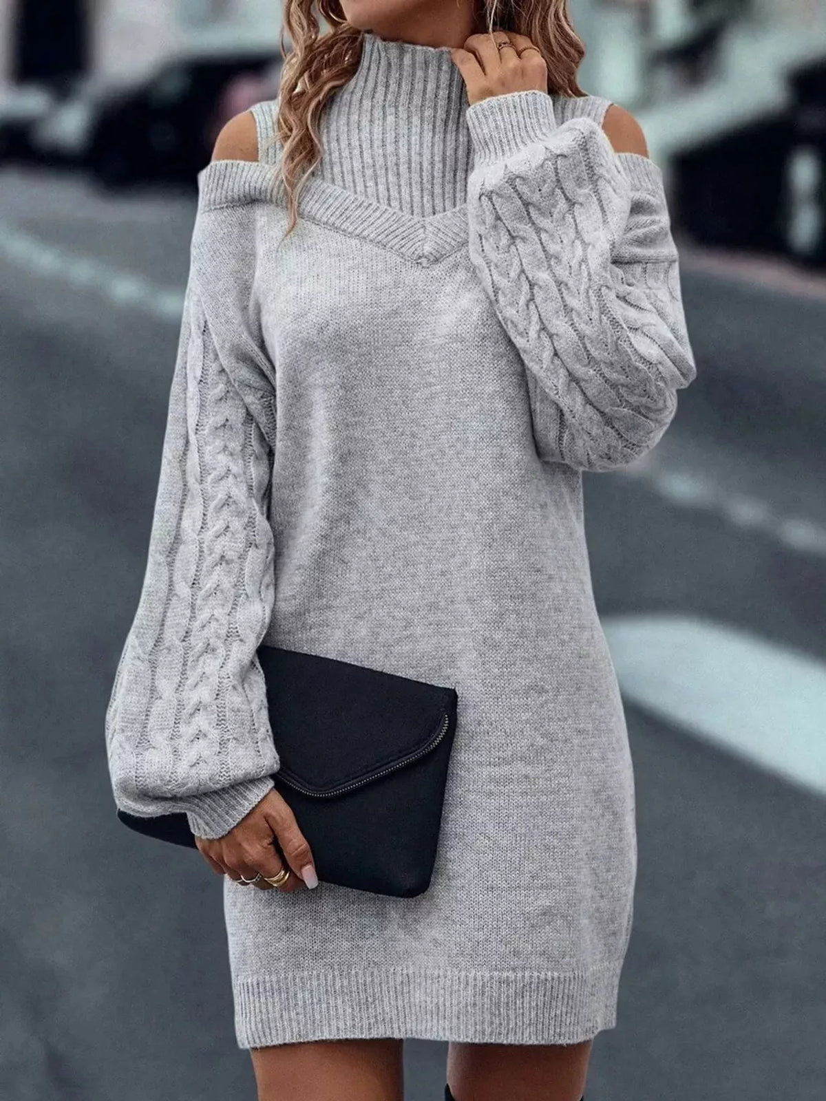 Cold Shoulder Cable Knit Mock Neck Sweater Dress