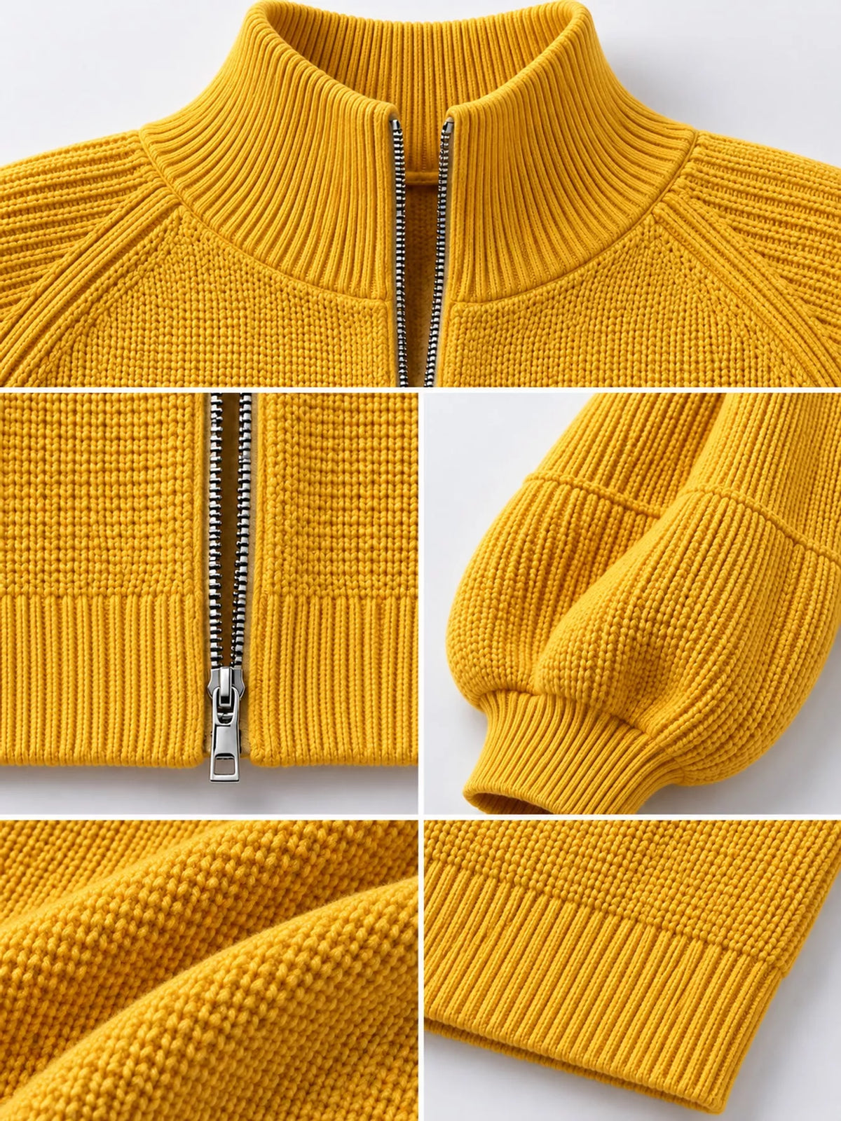 Full Size Elegant Ribbed Knit Zip-Up Cardigan with Lantern Sleeves Plus Size