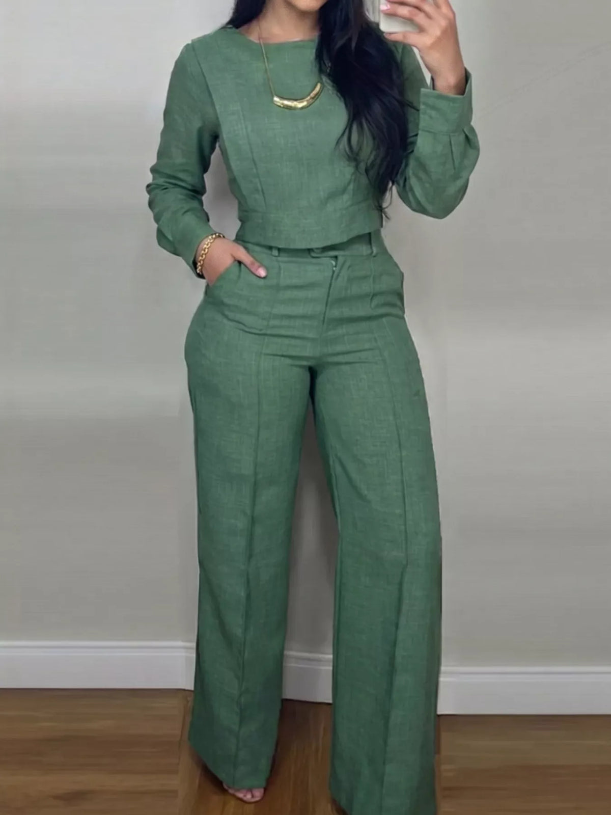 Long-Sleeve Crop Top and Wide-Leg Pants Set