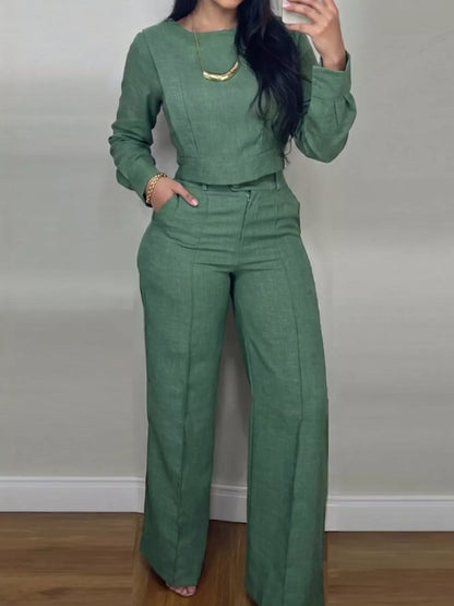 Long-Sleeve Crop Top and Wide-Leg Pants Set