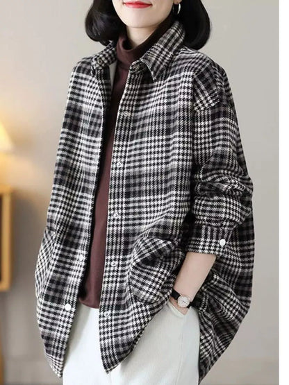 Oversized Plaid Long Sleeve Brushed Shirt with Fleece Lining